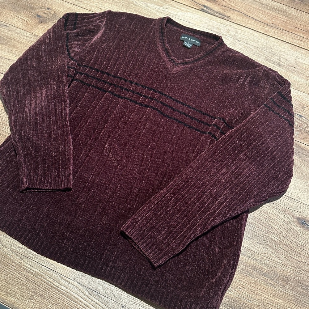 Croft & Barrow Burgundy Chenille V-Neck Sweater Mens Large Striped Ribbed Knit